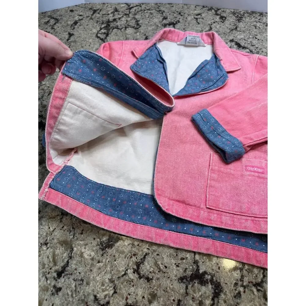Vintage OshKosh B’Gosh Pink Denim Jacket Girls Made in USA Heart Print 4T
